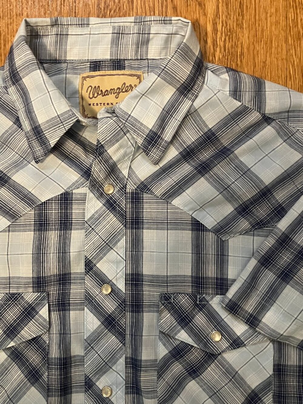 Wrangler Western Shirt Blue Plaid Pearl Snap Short Sleeve